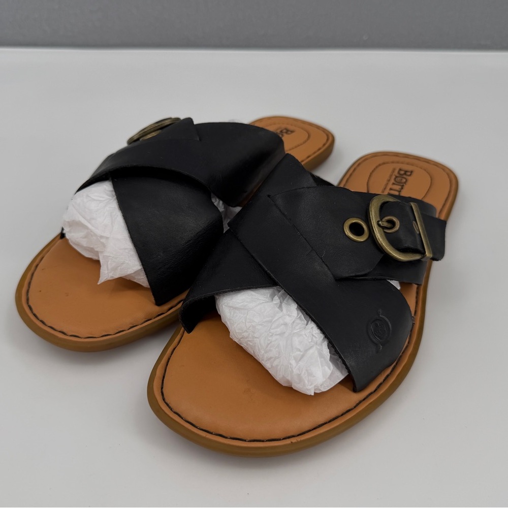 Born Rio Open Toe Slide Sandals Womens 8M Crisscross Strap Buckle Black Leather